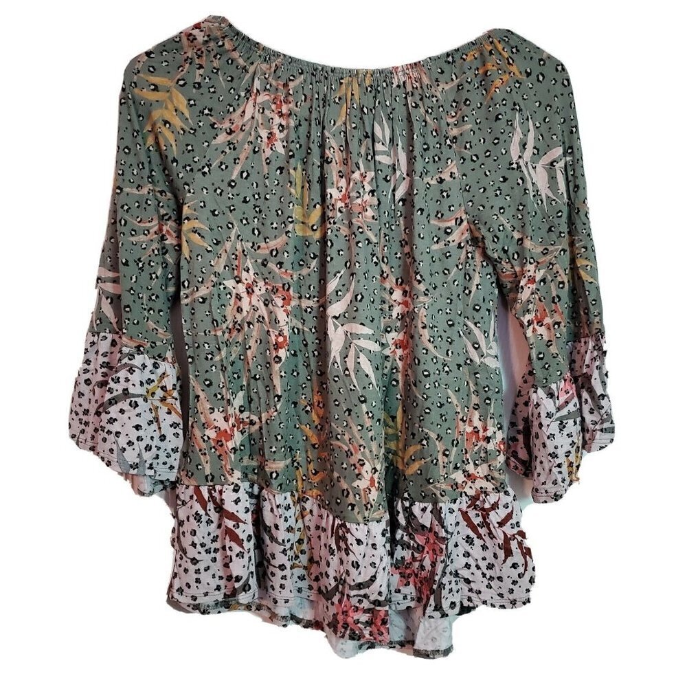 Style & Co Blouse Green Floral XS Peasant Bell Sleeve Off Shoulder Spring New - Picture 3 of 3